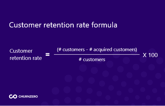 Customer retention rate formula. To calculate, subtract the number of acquired customers from your total number of customers, then divide that sum by the total number of customers. Multiple the total by 100. 