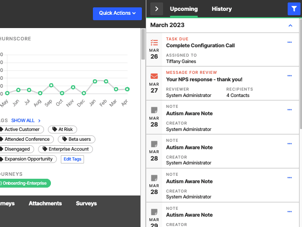 ChurnZero's Timeline panel displaying customer engagement in chronological order